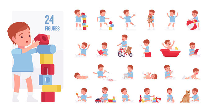 Toddler child, little boy playing with toys character set, pose sequences. Cute healthy baby 12 to 36 months wearing blue tee shirt, diaper. Full length, different views, gestures, emotions, positions
