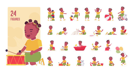 Toddler child, little black girl playing with toys character set, pose sequences. Cute healthy baby age 12, 36 months, wearing summer dress. Full length, different views, gestures, emotions, positions