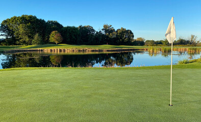 late summer early autumn golf course marsh pond reflections white flag island green cattails
