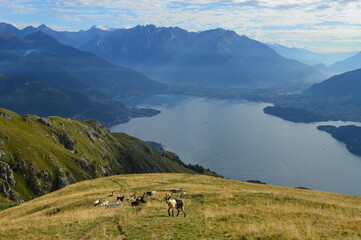 Reflections of the mountains around Lake Como in Lombardy, Northern Italy