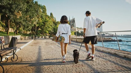 Back view of couple with skateboard walking their dog in evening on embankment, slow motion - Powered by Adobe