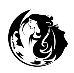 beautiful winged woman representing angel or goddess and moon crescent - night time spiritual symbol black and white vector outline