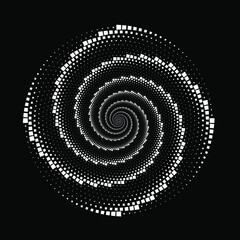 White halftone square dots in spiral form. Geometric art. Trendy design element for frame, logo, tattoo, sign, symbol, web, prints, posters, template, pattern and abstract background