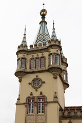 Fototapeta na wymiar Sintra Town Hall extravagant main tower near Lisbon, in Portugal