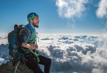 Smiling bearded climber in a safety harness, helmet, and on body wrapped climbing rope sitting at...