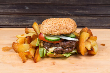 Fast food hamburger and french fries