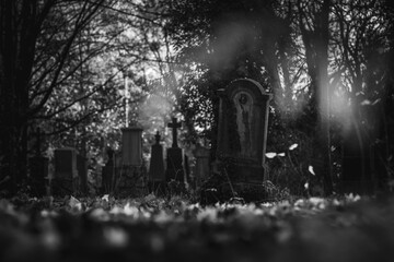 Vintage, retro photo of tombstones in the Old Southern Cemetery (Alter Südfriedhof) of Munich. Grainy, noisy, artistic monochrome image. Halloween, all saints concept