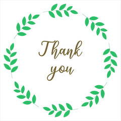 Word Thank you in simple and cute floral oval wreath with spring branches and leaves.