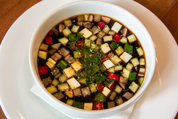 Russian cold soup Okroshka with kvass.