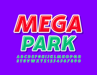 Vector modern banner Mega Park. Green glossy Font. Youth style Alphabet Letters and Numbers set