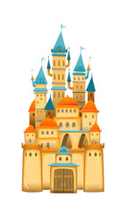 Cute cartoon castle. FairyTale cartoon castle. Fantasy fairy tale palace with rainbow. Vector