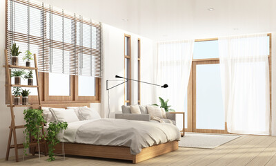 Bedroom and living area in modern contemporary style interior design with wooden window frame and sheer 3d rendering