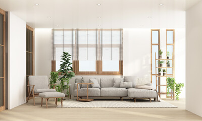 living area in modern contemporary style interior design with wooden window frame and sheer with grey furniture tone 3d rendering