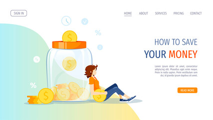 Large piggy bank in the form of a jar with coins inside and young woman. Money saving or accumulating, Financial services, Deposit concept. Vector illustration for banner, poster, website.