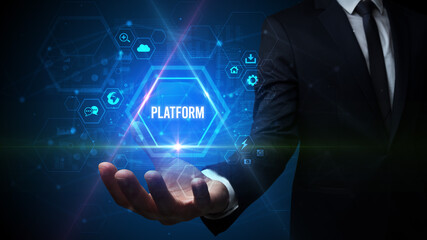 Man hand holding PLATFORM inscription, social media concept