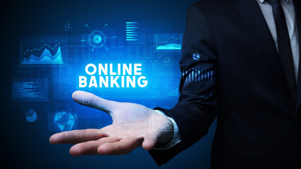 Hand of Businessman holding ONLINE BANKING inscription, business success concept