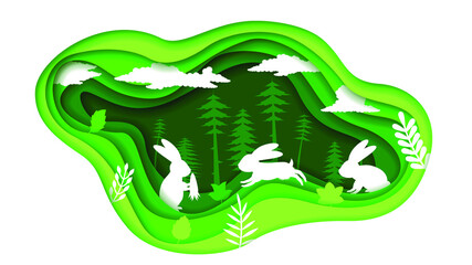 Eco Green Paper Cut Background Vector Nature Animal Clouds Forest With Rabbits Silhouette Design