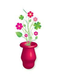 Bouquet of blossoms in a purple vase. Purple flowers and cloverleaf in a vase, vector format.