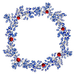 Watercolor autumn frame. Wreath made of hand drawn autumn leaves and blue mahonia berris on white isolated background. Greeting card or Invitation