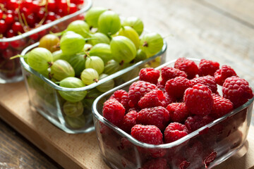 Assorted berries of raspberries, gooseberries and red currants