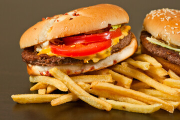 fast food set big hamburger and french fries