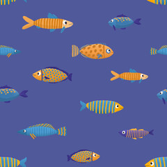 Colorful fishes seamless pattern with purple background