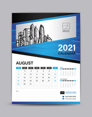 Fototapeta na wymiar Wall calendar template for 2021 year. August month layout. Desk calendar template with illustration of buildings, Planner, Can place pictures and other images instead. Blue abstract background