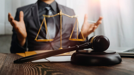 Business and lawyers discussing contract papers with brass scale on desk in office. Law, legal services, advice, justice and law concept picture with film grain effect