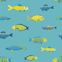 Colorful fishes seamless patter with blue background