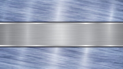 Background consisting of a blue shiny metallic surface and one horizontal polished silver plate located centrally, with a metal texture, glares and burnished edges