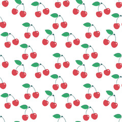 Cherry seamless pattern on a white background. Fashion trend background. Vector berries with green leaves. decorative style. design for fabric, interior, decor, printing.