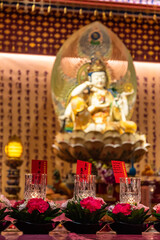 Singapore - 11 2018: Spiritual atmosphere in Buddha tooth temple