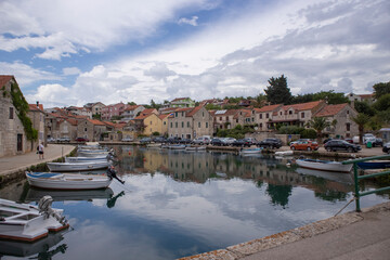 Vrboska/ Croatia-August 7th, 2020: Colorful houses of Vrboska town, small place on the Hvar island located in deep, natural bay, used as port