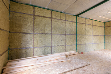 Wall of a country house with mineral thermal insulation from the inside
