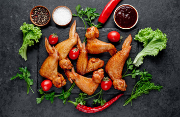 Smoked chicken wings with spices on a stone background