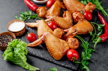 Smoked chicken wings with spices on a stone background