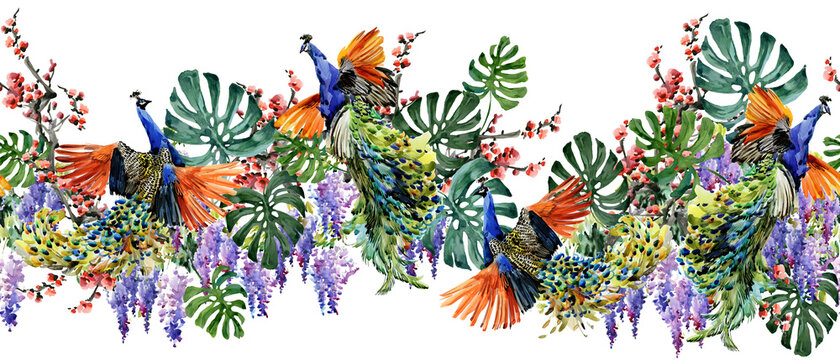 watercolor peacocks with flowers and leaves clip art preview