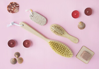 Concept of Spa-cosmetic and cosmetic procedures. Spa-sea salt, wooden comb, anti-cellulite massage...