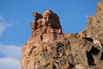 Stone ledges and rock in the Charyn canyon. Nature reserve