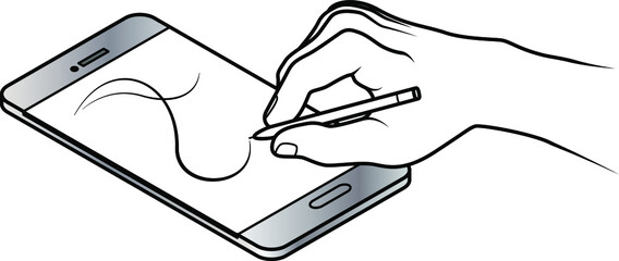 A hand holding a stylus drawing on a pressure-sensitive smartphone / phablet. Screen shows flowing strokes of varying weights.