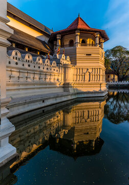 A view at sunset along the front of the Temple of the Sacred Tooth Relic in  Kandy, Sri Lanka, Asia