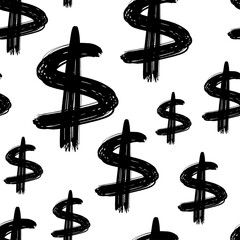 Black ink dollar signs isolated on white background. Money seamless pattern. Vector flat graphic hand drawn illustration. Texture.