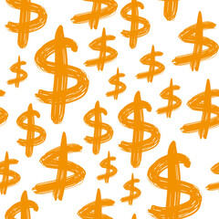 Ink dollar signs isolated on white background. Cute seamless pattern. Vector flat graphic hand drawn illustration. Texture.