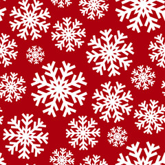 Naklejka na ściany i meble White snowflakes isolated on red background. Cute new year seamless pattern. Vector flat graphic illustration. Texture.