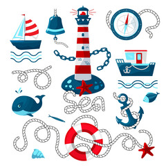 Fototapeta na wymiar Set on a marine theme in a cartoon style. Lighthouse, anchor, lifebuoy, boats , and more. Vector image isolated on a white background.