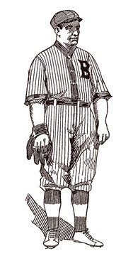 Standing Vintage Baseball Player Wearing A Glove And A Cap, After An Illustration From The Early 20th Century