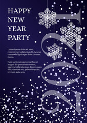 Happy New Year banner with snowflakes. Blue and white colors. A4 vector illustration for invitation, flyer, poster, banner, greeting card, cover.