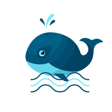 Cute whale on the waves in cartoon style. Vector image isolated on a white background.