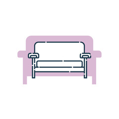 Comfortable sofa with one pillow. Flat illustration with settee on shape background. Modern stylish object for relaxation. Image of couch in line art style. Element furniture of the interior