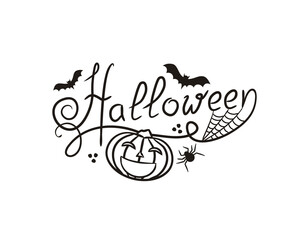Hand-drawn Halloween logo with bats and pumpkin in doodle style. Lettering for all saints day. Black inscription isolated on white background. Vector illustration for banner, postcard, sticker 